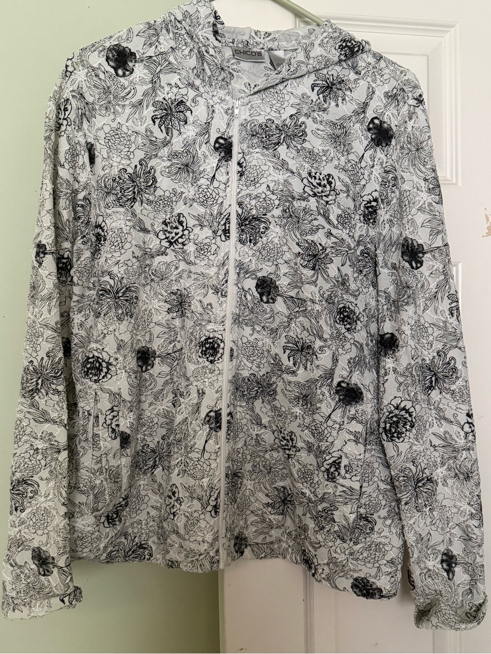 Chico's White & Black Floral Zip-Front Lightweight Jacket Chicos size 2